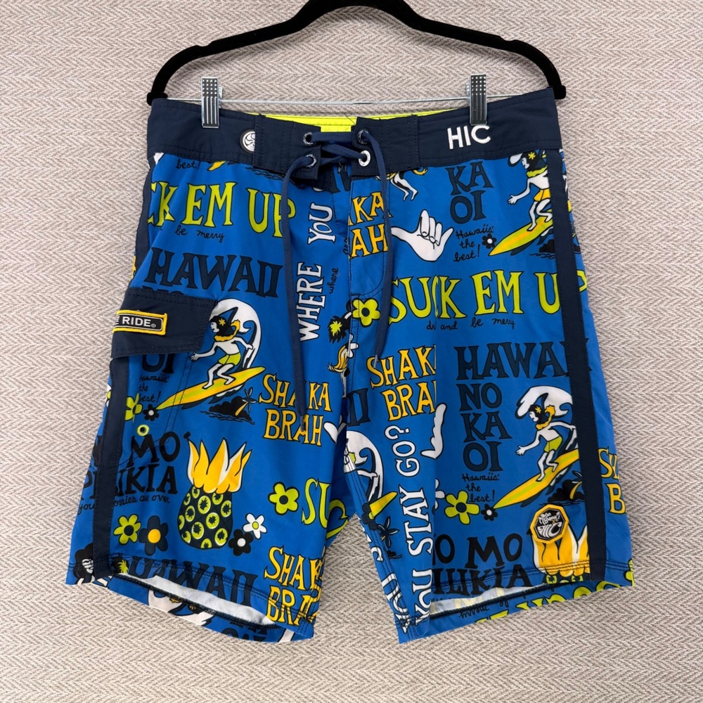 HIC Hawaiian Island Creations Board Shorts 31 Blue Polyester Spandex Surf Swim